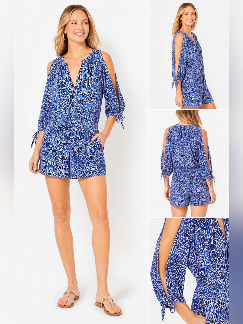 Lilly Pulitzer Blue Printed Cold-Shoulder Romper